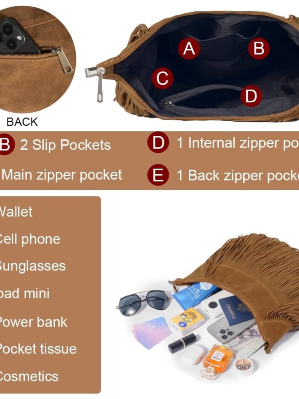 Women Fringe Hobo Bag Western Purse Shoulder Bag Vegan Suede Tassel Hippie Cross - Picture 3 of 6